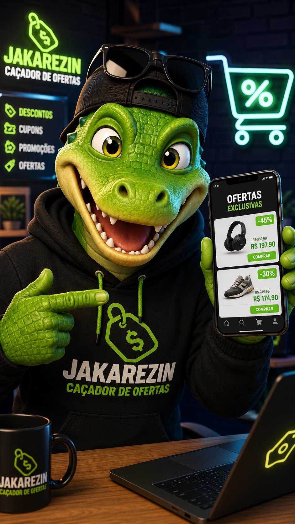 Mascote Jakarezin, o caçador de ofertas
